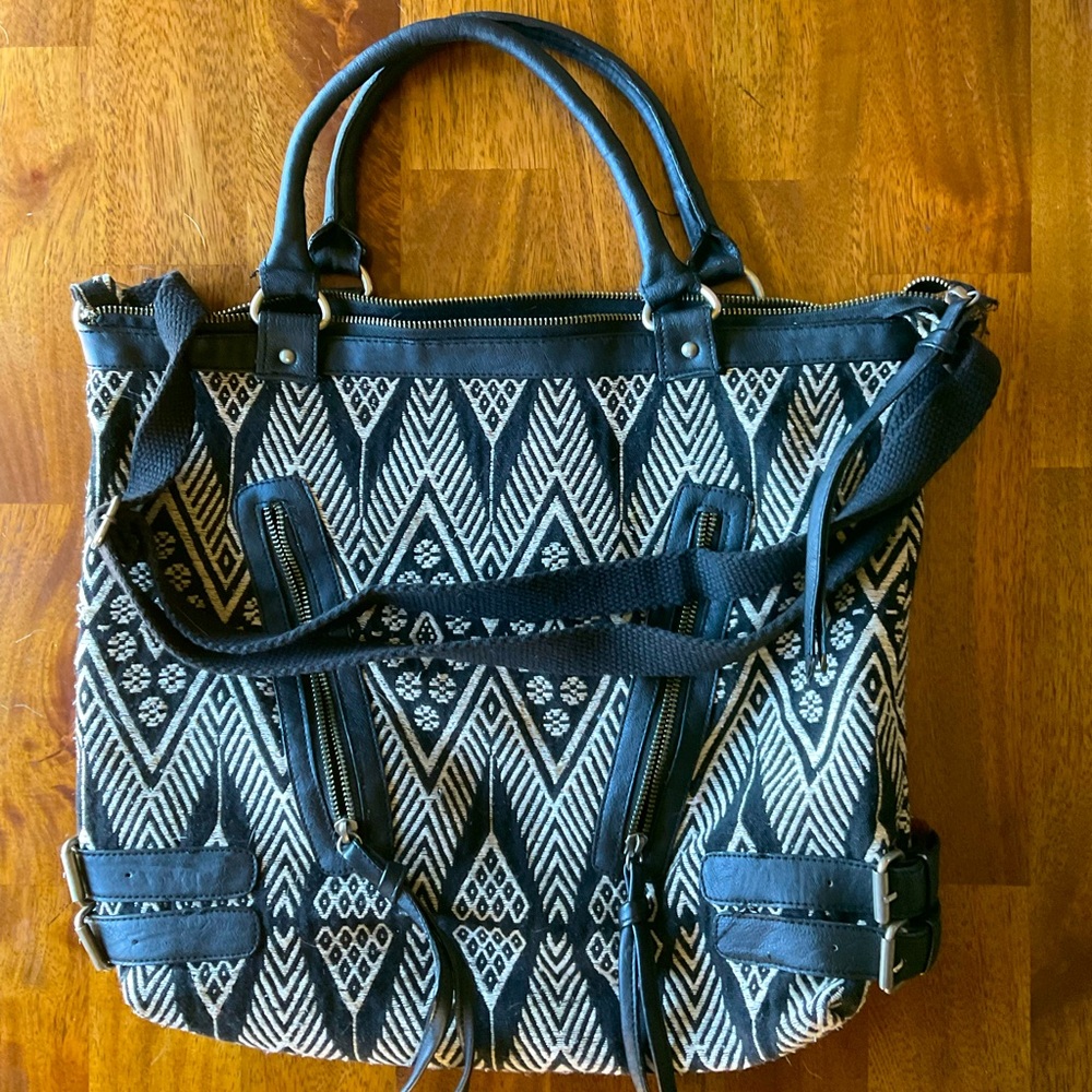 Tote Messenger Bag, Black and White Woven Print, American Eagle Outfitters
